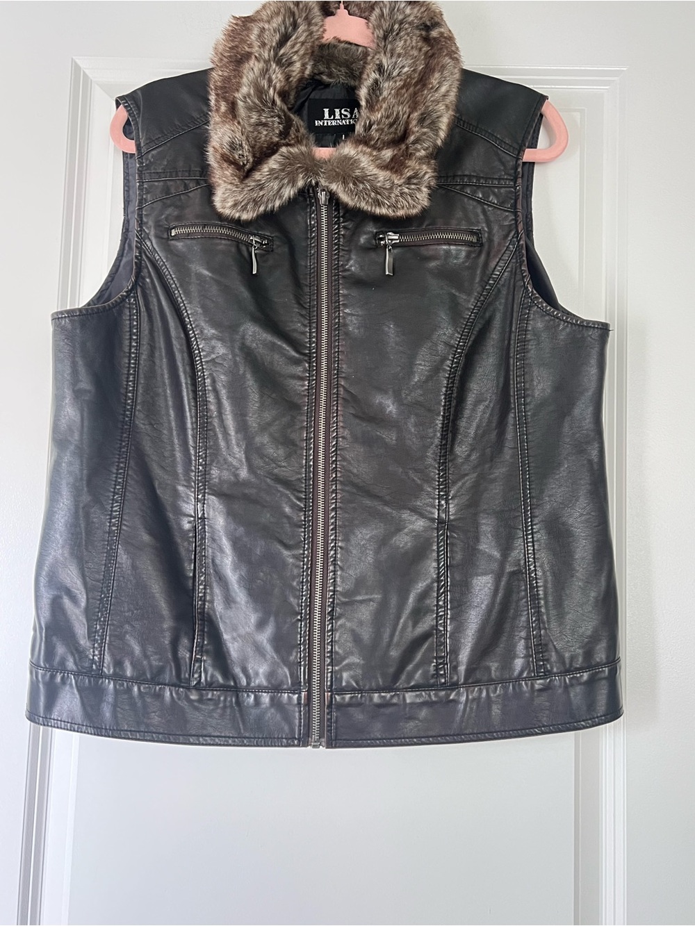 Lisa International Dark Brown Faux Leather Vest with Faux Fur Collar